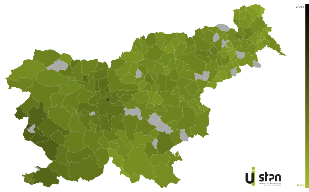 Slika 1: Prikaz lastništva osebnih avtomobilov na prebivalca v Sloveniji po občinah v letu 2001.