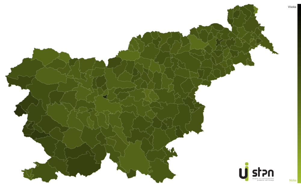 Slika 2: Prikaz lastništva osebnih avtomobilov na prebivalca v Sloveniji po občinah v letu 2022. 