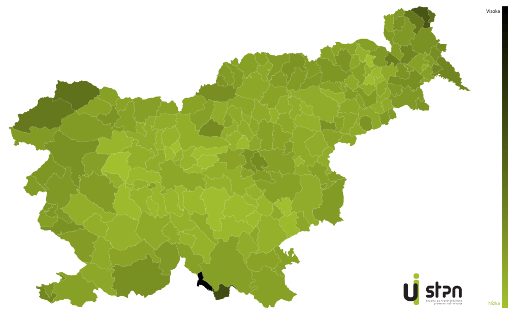 Slika 2: Prikaz starostne strukture prebivalstva v Sloveniji v letih 2024 glede na indeks staranja po občinah. Čim temnejše je obarvana občina, tem višji je indeks staranja. Indeks staranja je razmerje med prebivalci, starimi 65 ali več let, in prebivalci, mlajšimi od 15 let. 